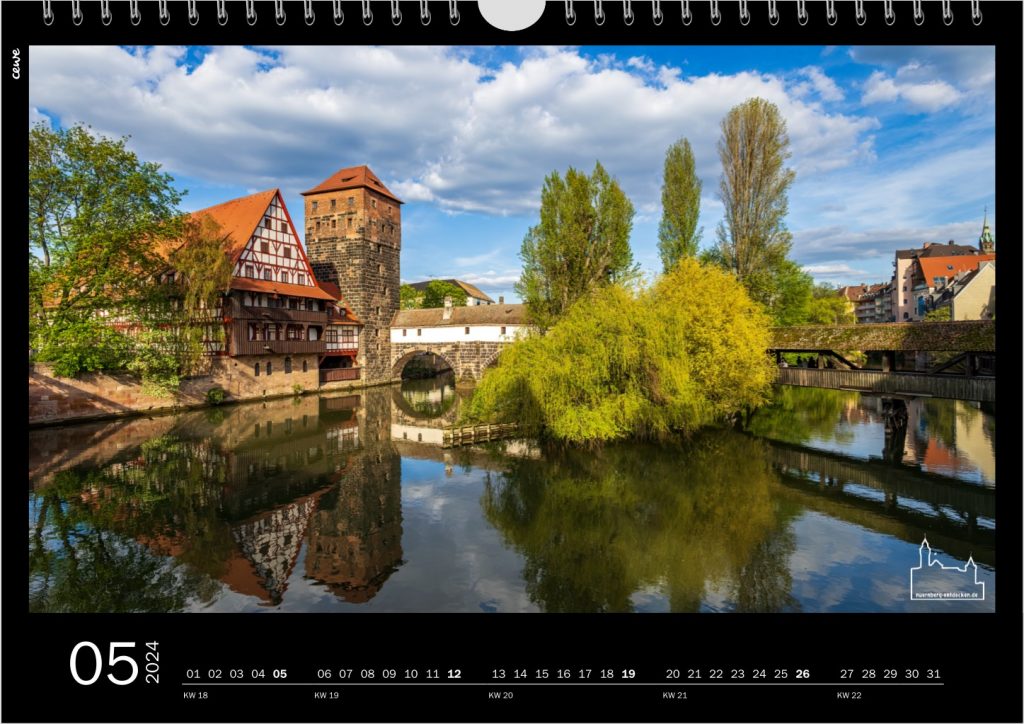 Monat Mai im Nürnberg entdecken Kalender für das Jahr 2024 - Weinstadel noch mit voller Baumbracht, welche während der Stürme in 2023 abgebrochen sind - Foto: Ardan Füßmann