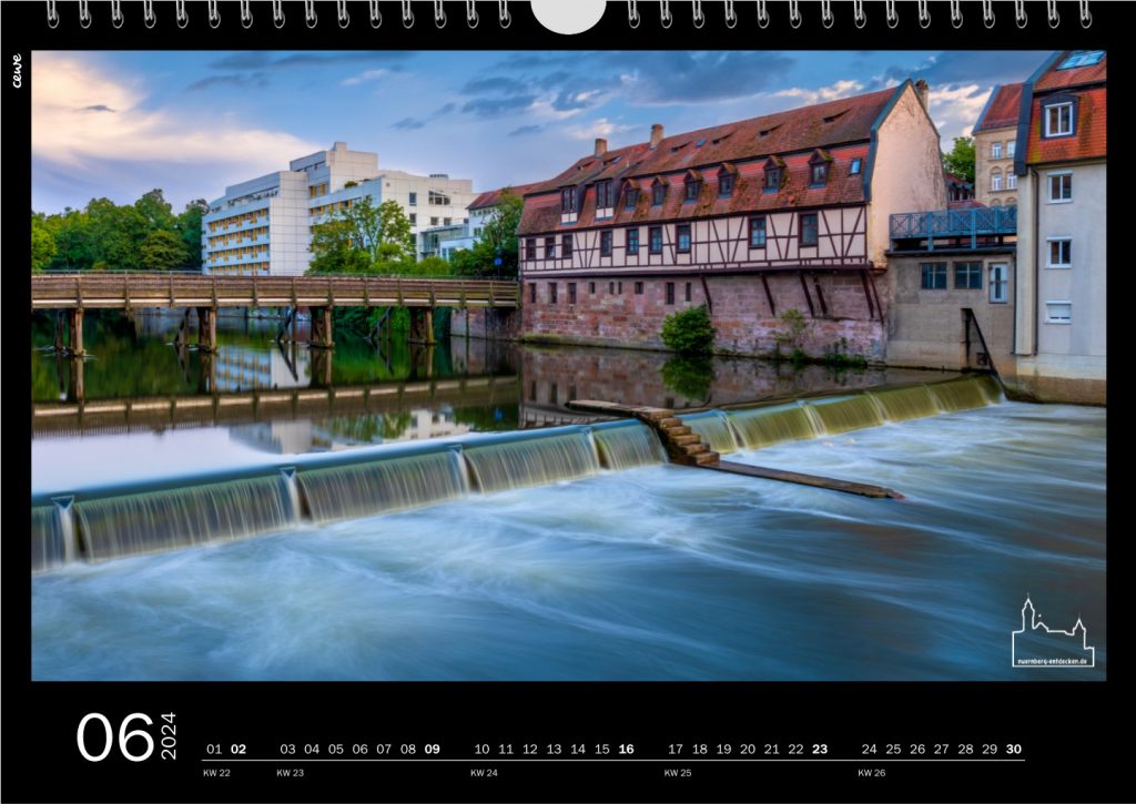 Monat Juni im Nürnberg entdecken Kalender für das Jahr 2024 - Wasserfall auf der Pegnitz - Foto: Ardan Füßmann